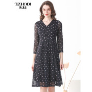 唐朱迪（T.ZHODI）唐朱迪2023秋季新款女裝V領(lǐng)釘珠波點(diǎn)印花收腰九分袖優(yōu)雅A字連衣裙 藍(lán)花 M