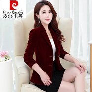皮爾卡丹（pierre cardin）金絲絨西裝外套女2025春秋裝新款天鵝絨長(zhǎng)袖西服韓版修身絲絨上衣 酒紅色  M 【94-102斤】