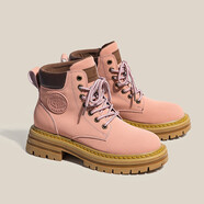 馬丁靴情侶款英倫風(fēng)復古大黃靴潮流百搭工裝短筒靴子男牛皮透氣大頭皮靴機車(chē)靴厚底耐磨戶(hù)外登山鞋大碼男靴 粉紅色(四季款） 男碼42(皮鞋碼)