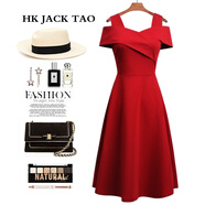 hk jack tao潮牌女裝一字肩連衣裙夏季法式復(fù)古露肩心機(jī)小黑裙顯瘦背帶a字裙 酒紅色 2XL