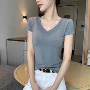 黑色v領(lǐng)短袖t恤女莫代爾冰絲2024新款夏季設(shè)計(jì)感低領(lǐng)修身打底上衣 鐵灰色【薄款】 M【90-102斤】