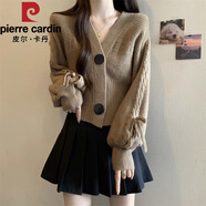 皮爾卡丹（pierre cardin）小香風(fēng)V領(lǐng)針織開衫外套女秋冬款寬松顯瘦燈籠袖上衣加厚短款毛衣 卡其色 均碼 80-140斤可穿