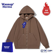 WASSUP HERMU官方潮流連帽衛(wèi)衣男春秋季運動休閑情侶套裝大碼外套潮牌長袖開衫 加絨加厚咖啡色 XL（建議130-150斤)