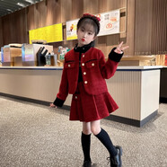 乖妮貓（GUAINIMAO）女童小香風(fēng)套裝秋冬2025新款兒童裙子時(shí)髦洋氣冬裝小女孩加棉童裝 酒紅色套裝 150 碼