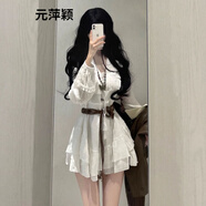元萍穎連衣裙子秋冬季小個子法式白色長袖連衣裙子純欲短款皮衣外套甜辣 白色連衣裙(單裙子) L