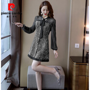 皮爾卡丹（pierre cardin）小香風(fēng)連衣裙女秋冬季法式小個(gè)子時(shí)尚減齡系帶網(wǎng)紗拼接毛呢流行 黑色 L