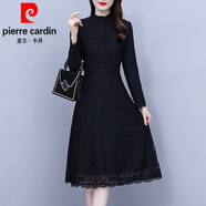 皮爾卡丹（pierre cardin）蕾絲連衣裙子女士裝春秋冬2025年新款洋氣長(cháng)袖氣質(zhì)中長(cháng)裙打底針織 黑色《別致漂亮女神范今年流行氣 2XL (120-135斤)