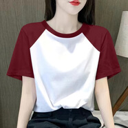 詩(shī)婭達(dá)短袖t恤女設(shè)計(jì)感小眾上衣拼接2025夏季新款女裝休閑體恤潮ins 白色酒紅色袖【無(wú)圖案】 3XL建議140-155斤