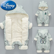 迪士尼（Disney）2025年新生嬰兒冬款衣服加絨夾棉寶寶連體衣外出加厚棉衣爬服冬季 BB-印花熊  綠色 冬裝 90cm 90碼(19-24斤左右)