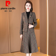 皮爾卡丹（pierre cardin）小西裝連衣裙春秋季女裝2025新款時尚氣質(zhì)端莊大氣長袖套裝 橘格 【三件】 L 【建議106-115斤】