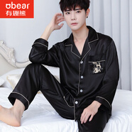 有趣熊睡衣男冰絲男士大碼夏季家居服仿真絲春秋款新品絲綢睡褲裝薄款 NSLQ-龍鳳款黑色雙長(cháng) 男-3XL(172-185cm，170-200斤)
