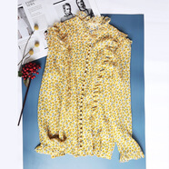 犀狂（XIKUANG）新款法式復古宮廷風(fēng)小雛菊雙層真絲襯衫女 荷葉邊包布扣顯白襯衣 黃色碎花 S