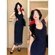 GARNUO茶歇法式小飛袖藍色波點(diǎn)吊帶連衣裙子女夏季收腰包臀雪紡度假長(cháng)裙 藍色 S 【80-100斤】