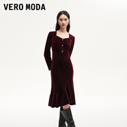 VEROMODA連衣裙2024秋季女裝新款天鵝絨拼接網(wǎng)紗魚(yú)尾長(cháng)裙鉆石領(lǐng)東方簡(jiǎn)奢風(fēng) 長(cháng)袖絲絨裙-威諾紅色 XS