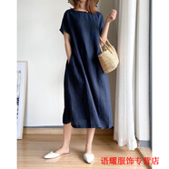 風曉薇簡約文藝范寬松顯瘦棉連衣裙女夏2024新款小個子mm中長款裙子 藏青色-遮肚子韓版連衣裙 XL 約115-130斤-遮肚子韓版連衣裙