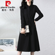 皮爾卡丹（pierre cardin）長(cháng)袖襯衫連衣裙女2025春秋新款氣質(zhì)收腰顯瘦有女人味的中長(cháng)款裙子 黑色 L 建議110-120斤