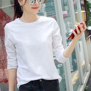 詩(shī)蘭倫薩（SHILANLUNSA）t恤女長(cháng)袖純棉春秋季女裝新款寬松圓領(lǐng)上衣女顯瘦印花百搭打底衫 白色【無(wú)印花】 2XL（145-160斤）