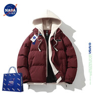 NASA LIKE官方棉服男冬季保暖假兩件連帽棉衣羽面包絨服男士防寒外套棉襖子 N99酒紅色 M （推薦90-110斤）