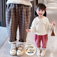 七語欣童裝女童加絨衛(wèi)褲秋冬裝兒童褲子新款洋氣女孩寶寶格子保暖休閑褲 加絨咖啡色 130 (適合身高120-130cm)