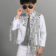 筑夢(mèng)王子六一兒童演出服歌手走秀表演流蘇亮片男童女童架子鼓服裝舞臺套裝 白色外套男女同款 110