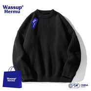 WASSUP HERMU官方毛衣男女春秋季圓領重磅粗針坑條肌理針織衫純色厚實線衣外套 黑色 3XL （推薦150-175斤）