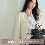 伊芙麗（eifini）蔣欣代言手工拉毛小香風(fēng)格子亮絲花呢外套女2025春季新款 米白 L 115-125斤