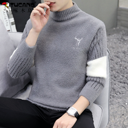 啄木鳥(niǎo)毛衣男士半高領(lǐng)寬松潮流保暖水貂絨針織衫男秋冬季加絨加厚打底衫 灰色 XL