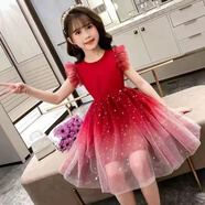 夏季新款洋氣星空漸變連衣裙公主裙蓬蓬紗裙裙子 紅色 130cm