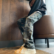 7家優(yōu)品迷彩復古工裝牛仔褲男女款寬松顯瘦闊腿窄版休閑褲潮流百搭男褲子 CXPF-A065迷彩(男女同款) M