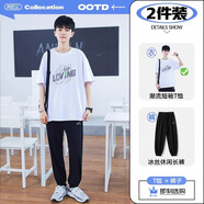 阿尼三青少年夏季寬松t恤男2025新款潮流短袖男裝帥氣初中高中學(xué)生半袖 白色+長(zhǎng)褲 M