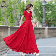 啄木鳥(niǎo)長(cháng)裙夏連衣裙女2025新款氣質(zhì)雪紡修身沙灘裙大擺顯瘦裙子超長(cháng)款 紅色 XL 【110-120斤】