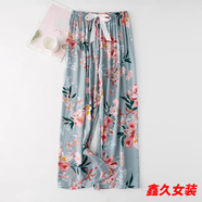 美安嘉棉綢睡褲夏季女寬松大碼闊腿褲九分休閑褲家居外穿人棉40支人造棉 綿綢闊腿褲-新迎春花-夏季女褲 均碼 建議120-160斤-夏季女褲