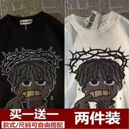 曼迪尚短袖t恤男夏季薄款美式復古寬松大碼卡通人物印花情侶打底衫上衣 兩件裝【黑色+白色】 3XL