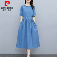 皮爾卡丹（pierre cardin）時(shí)尚減齡細(xì)棉麻連衣裙女夏季收腰顯瘦休閑中長(zhǎng)款大擺裙【有口袋】 天藍(lán)色 XL:120-130斤