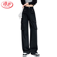 浪莎牛仔工裝褲女2023年秋季高腰垂感直筒寬松多口袋美式高街闊腿褲
