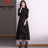 皮爾卡丹（pierre cardin）蕾絲長(cháng)款羊|毛連衣裙秋裝新款女士針織毛|衣打底衫配大|衣蕾絲裙 黑 蕾絲領(lǐng) XL