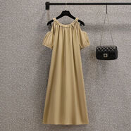 漫藍夢(mèng)大碼胖mm韓版寬松氣質(zhì)露肩掛脖連衣裙夏裝孕婦可外穿中長(cháng)裙裙子 卡其色-高質(zhì)量 L 建議100-120斤