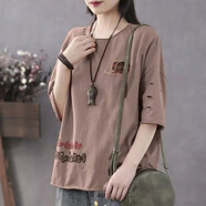 閑合漫 棉胖mm夏秋裝大碼半袖短袖T恤女裝寬松版小衫百搭女人上衣ins 8885 卡其 【優(yōu)質(zhì)棉】 4XL 建議160-180斤