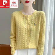 皮爾卡丹（pierre cardin）春秋新款精致刺繡圓領(lǐng)扭花針織開衫女上衣麻花外套毛衣 黃色 XL 125-135斤
