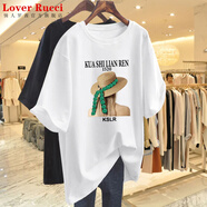 LOVER RUCCI法國(guó)夏季純棉歐貨2025新款短袖t恤女裝寬松質(zhì)感中長(zhǎng)款半袖上衣潮 白色G1678黑圖-草帽女】 2XL 建議155-175斤