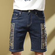 簡(jiǎn)拓（JIANTUO）夏季薄款牛仔短褲男修身彈性潮牌歐美中褲個(gè)性印花徽章休閑五分褲 藍色 28碼（90-110斤）