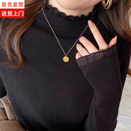 鉑吶苓打底衫半高領女春秋季毛衣針織衫長袖上衣修身顯瘦內搭純色百搭 打底衫【蕾絲花邊領-黑】 均碼 【80-120】斤