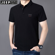 JEEP SPIRIT商務(wù)短袖t恤珠地棉開(kāi)衩繡標純色翻領(lǐng)半袖寬松夏季男士體恤薄休閑 黑色 L (175) /96A建議130-140斤