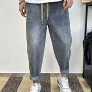 益帛（YIBO）牛仔褲男士秋冬季加絨港風(fēng)輕奢寬松哈倫褲做舊系帶休閑小腳長(cháng)褲子 復古藍色 XL 【建議120-135斤】