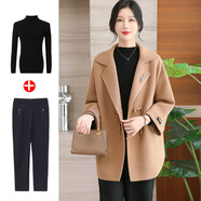 迪茸喜婆婆婚宴媽媽春裝外套新款針織衫中老年女秋冬裝大碼毛呢子大衣 駝色+黑毛衣+黑褲子 2XL 推薦110-125斤（高端大氣）