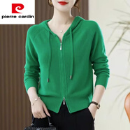 皮爾卡丹（pierre cardin）2025春裝新款連帽開衫女短款針織外搭長袖寬松純色加厚毛衣外套潮 綠色 L