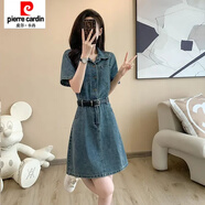 皮爾卡丹網(wǎng)紅牛仔連衣裙女2025夏季新款薄款收腰顯瘦氣質(zhì)短袖襯衫裙潮 藍(lán)色連體裙 (腰帶) L 建議115-130斤