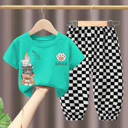 迷曼魅兒童夏季套裝新款純棉短袖T恤男童女童寶寶洋氣上 湖藍色T恤+黑白格長(cháng)褲 120 cm