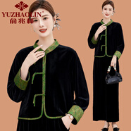 俞兆林（YUZHAOLIN）媽媽秋裝洋氣金絲絨國風(fēng)套裝老年人新中式上衣中老年女春秋兩件套 綠色 2XL (參考105-120斤)