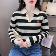 蕭遇（XIAOYU）刺繡條紋polo領(lǐng)長袖T恤女2024年春季新款時髦顯瘦女士小衫上衣 條紋 M (建議：98-108斤)